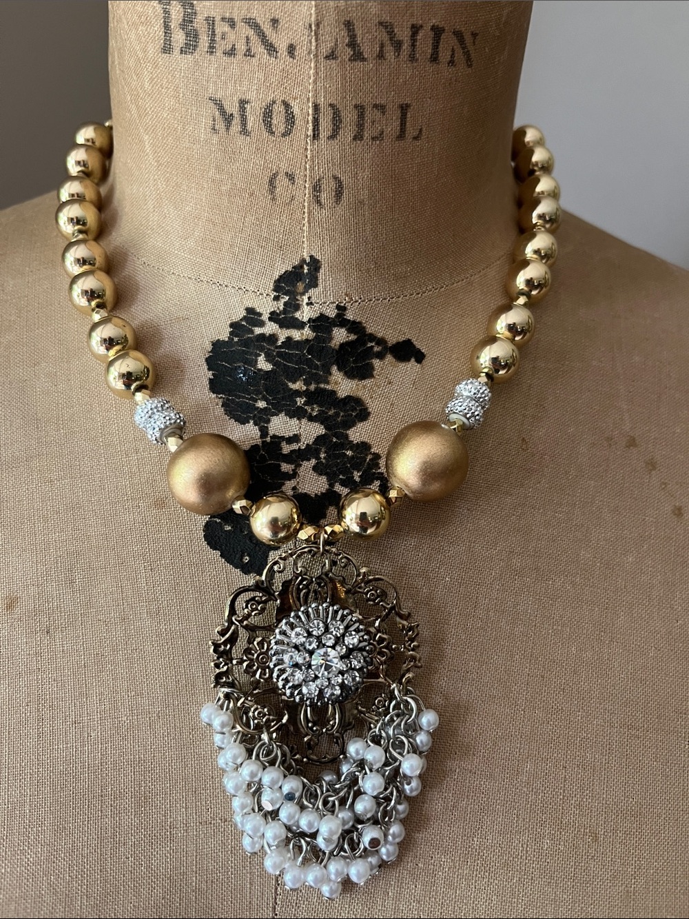 Katrina Gold-Tone Statement Necklace with Pearl Tassel Pendant
